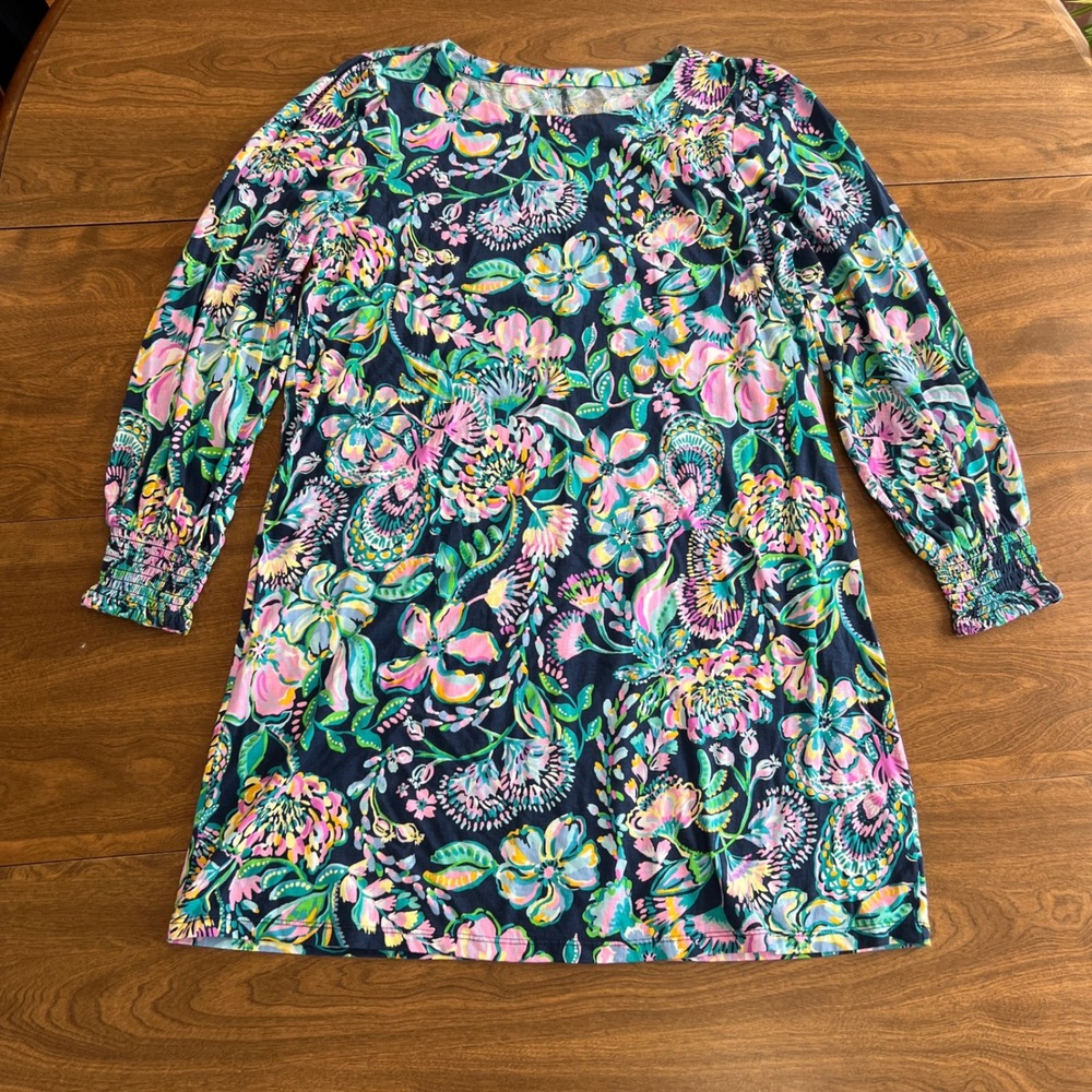 Lilly Pulitzer Etta Dress XL Navy Blue Floral Cotton Smocked Cuff Long Sleeve
